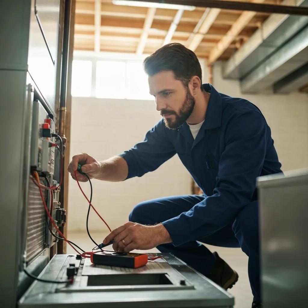 HVAC technician inspecting a furnace during a professional tune‑up to ensure safety and efficiency