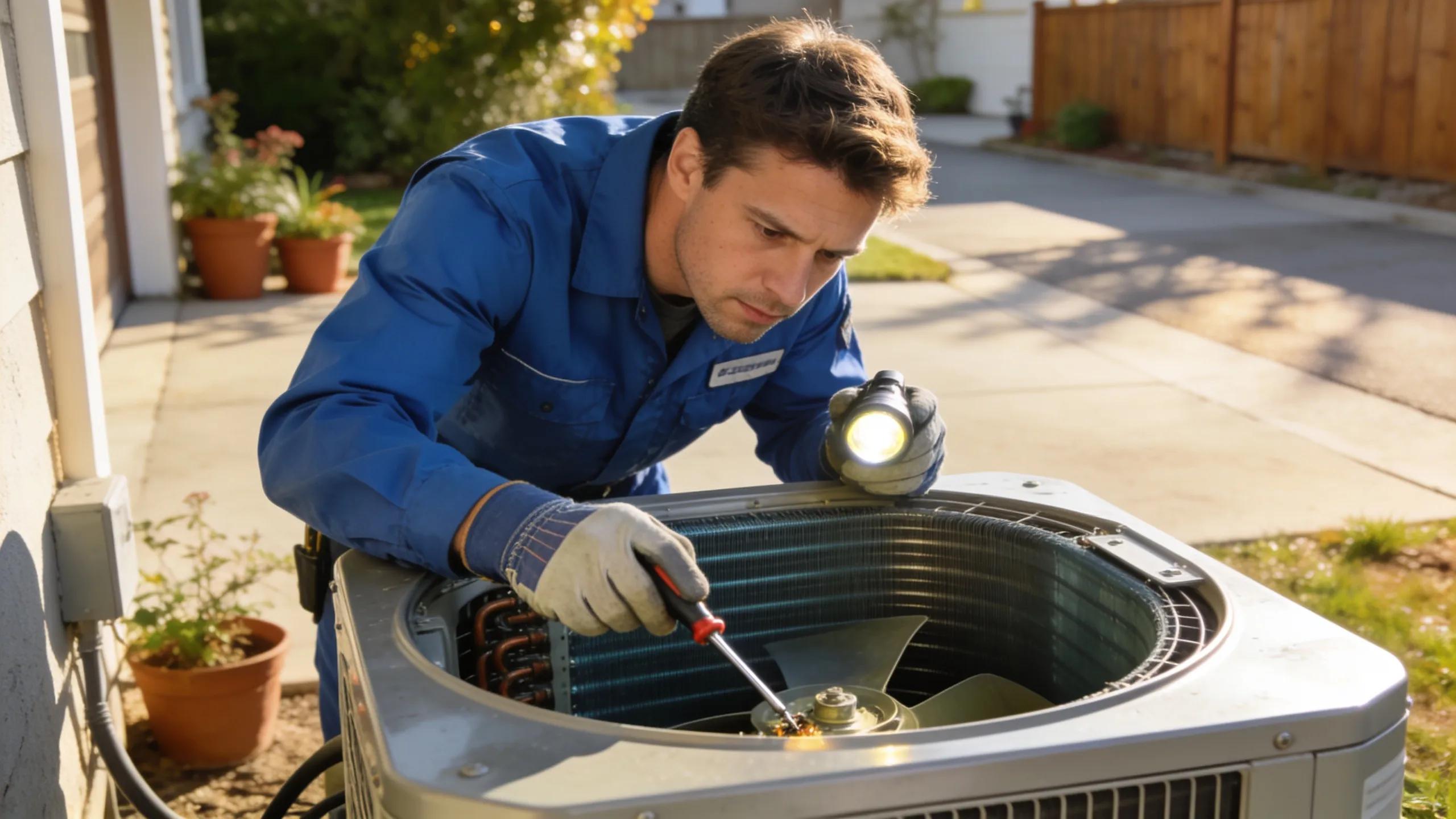 Technician diagnosing an air conditioner, highlighting essential maintenance and troubleshooting steps