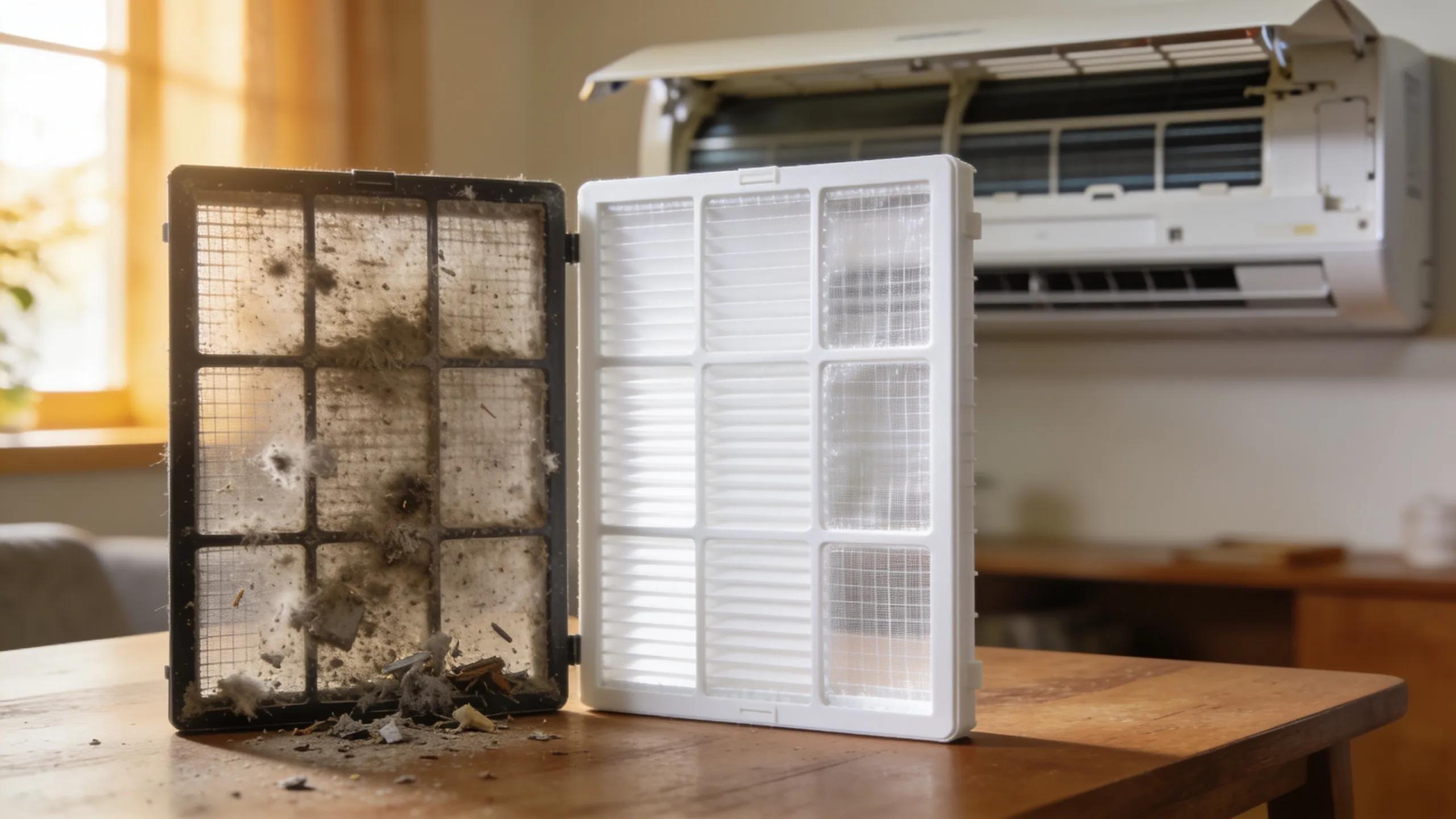 Comparison of a dirty and clean air filter showcasing the impact on air conditioning performance