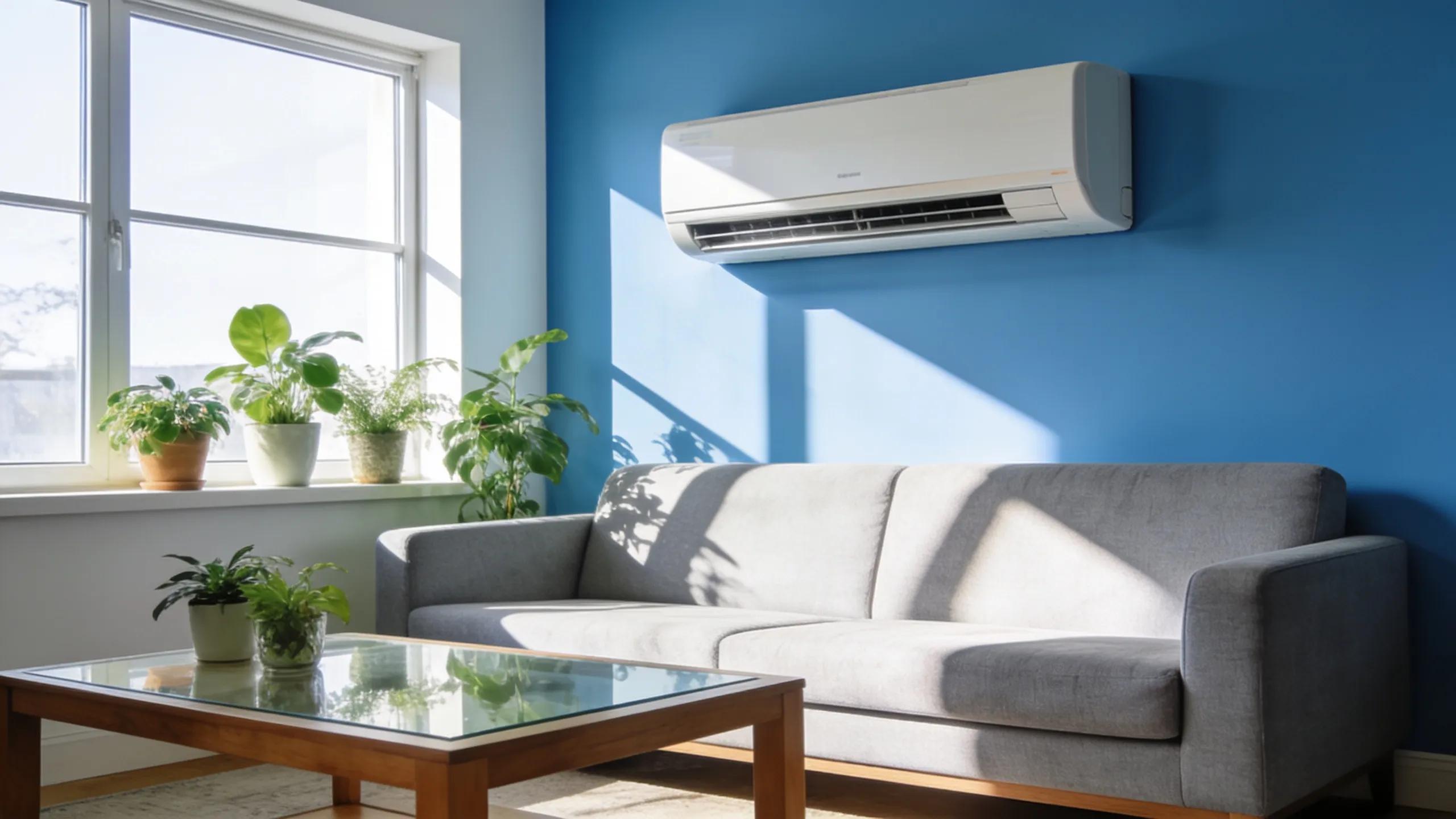 Modern living room with an air conditioner highlighting comfort and cooling solutions