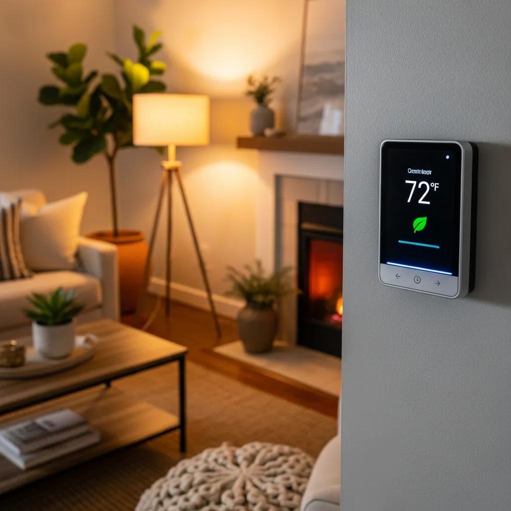 Smart thermostat in a cozy living room, highlighting comfort and energy efficiency
